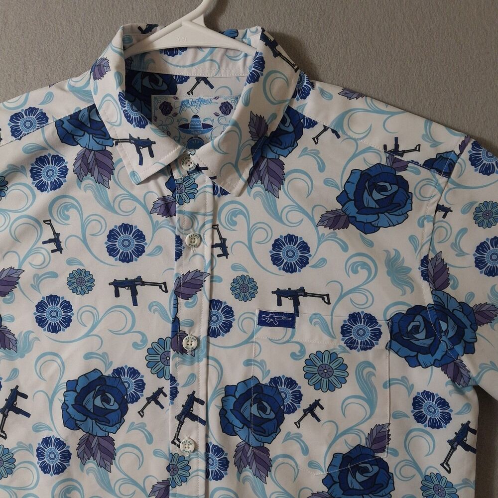 Retro Rifle Fiesta Shirt Mens XS White Button Down Floral Party Lightweight